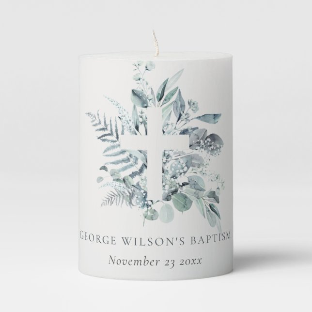 Dusky Blue Eucalyptus Fern Foliage Cross Baptism Pillar Candle (Front)
