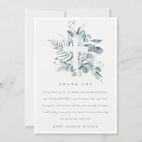 Dusky Blue Eucalyptus Fern Foliage Cross Baptism Thank You Card