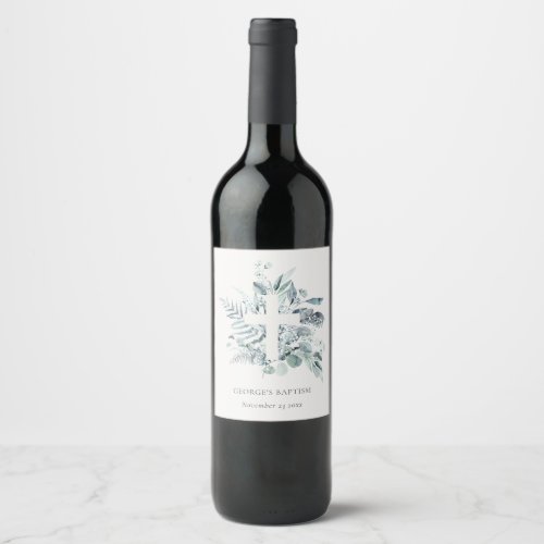 Dusky Blue Eucalyptus Fern Foliage Cross Baptism Wine Label