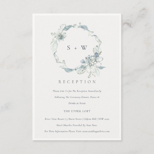 Dusky Blue Flora Wreath Monogram Wedding Reception Enclosure Card