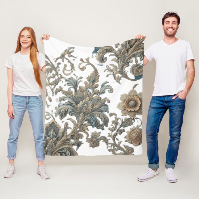 Dusky Blue Floral Brocade Pattern Fleece Blanket (In Situ)