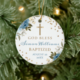 Dusky Blue Floral Gold Glitter Baptism Photo Ceramic Ornament