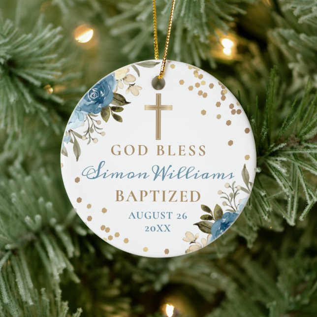 Dusky Blue Floral Gold Glitter Baptism Photo Ceramic Ornament (Tree)