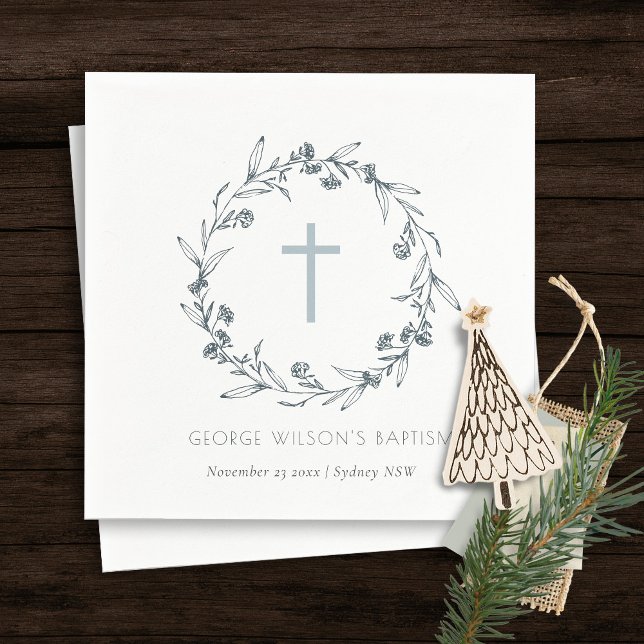 Dusky Blue Floral Laurel Wreath Monogram Baptism Napkins (Creator Uploaded)