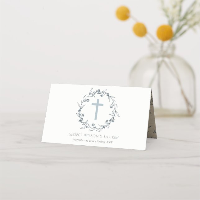 Dusky Blue Floral Laurel Wreath Monogram Baptism Place Card (Front)