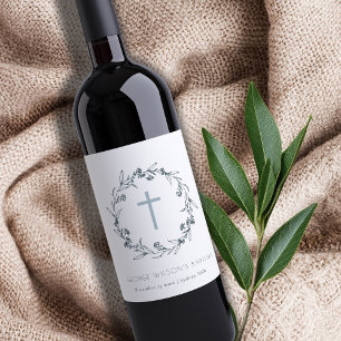 Dusky Blue Floral Laurel Wreath Monogram Baptism Wine Label