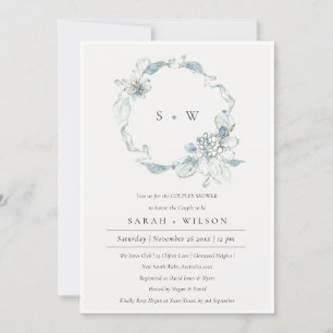 Dusky Blue Floral Wreath Couples Shower Invite
