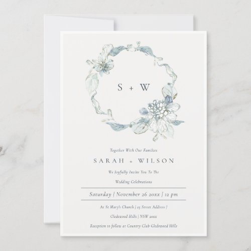 Dusky Blue Floral Wreath Monogram Wedding Invite 