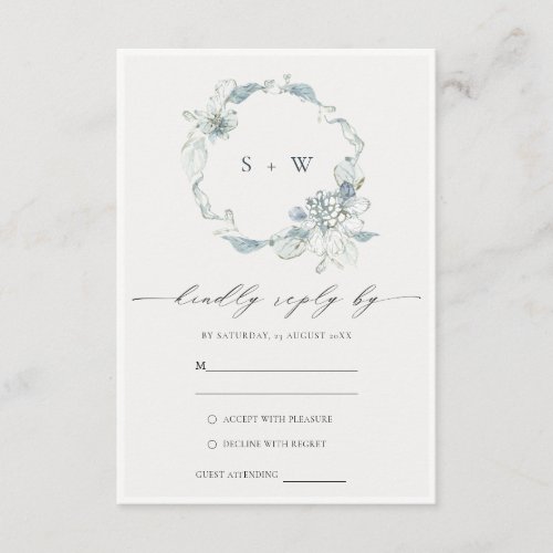 Dusky Blue Floral Wreath Monogram Wedding RSVP Enclosure Card