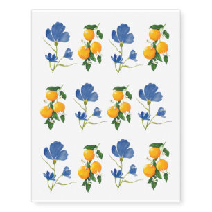 Dusky Blue Flower and Orange Temporary Tattoos