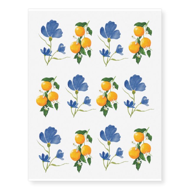 Dusky Blue Flower and Orange Temporary Tattoos (Front)