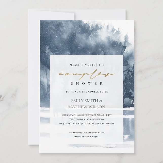 DUSKY BLUE FOREST LAKE PINE COUPLES SHOWER INVITE (Front)