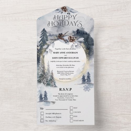 Dusky blue forest pine trees Christmas wedding All In One Invitation