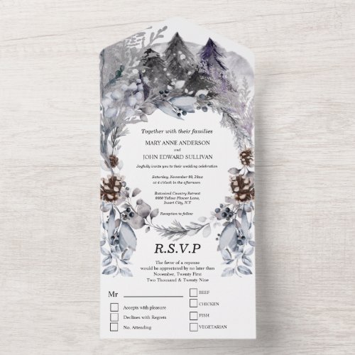 Dusky blue forest watercolor foliage wedding all in one invitation