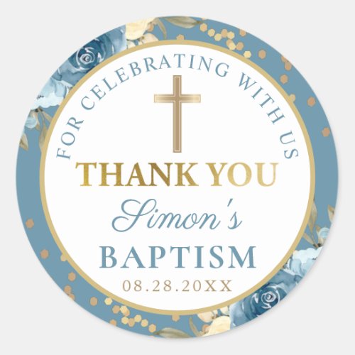 Dusky Blue Gold Floral Baptism Thank You Classic Round Sticker