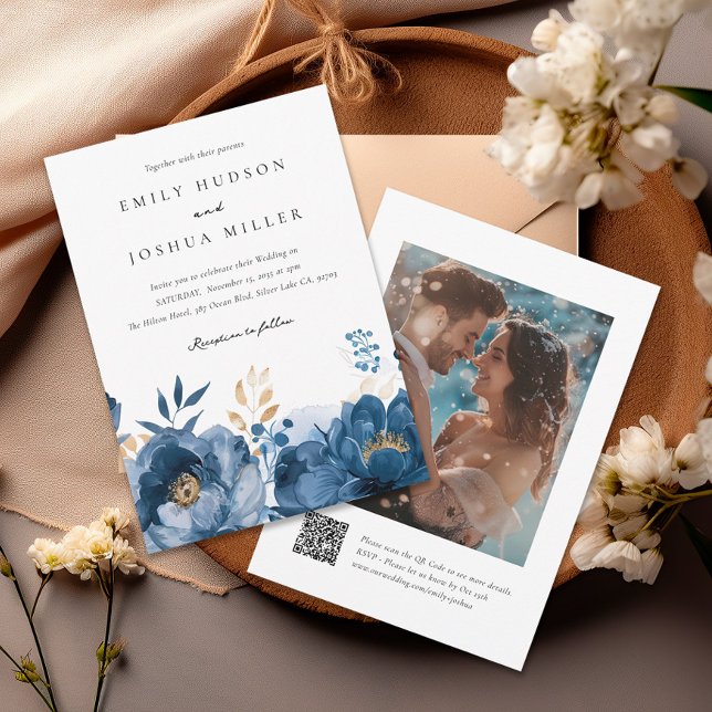 Dusky Blue Gold Floral QR Photo Wedding Invitation (Creator Uploaded)