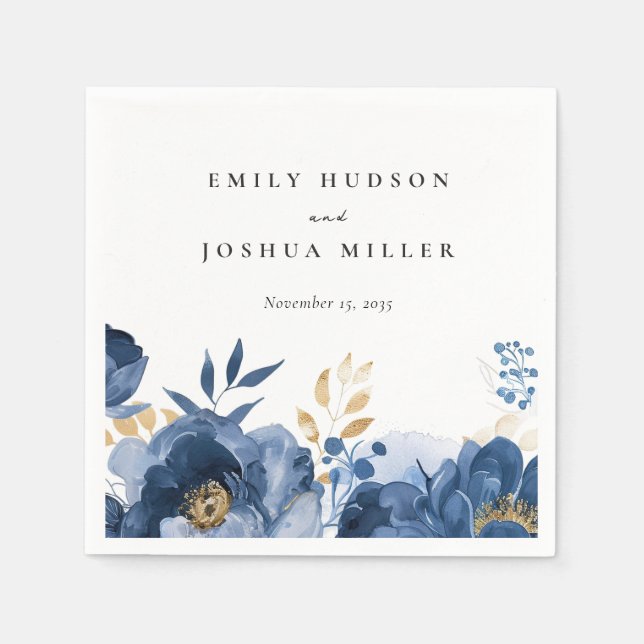Dusky Blue Gold Floral Wedding Napkins (Front)