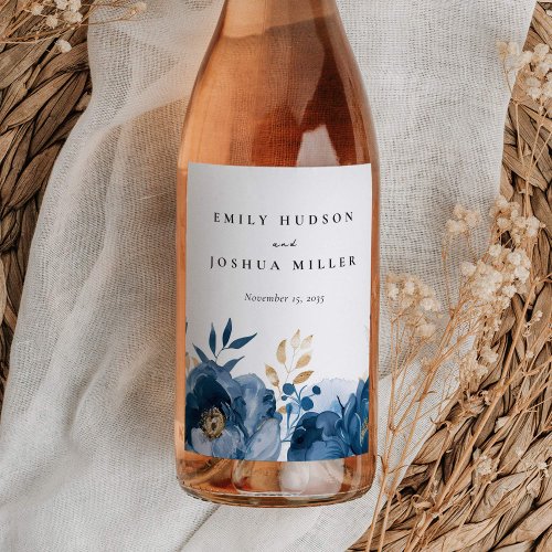 Dusky Blue Gold Floral Wedding Wine Label