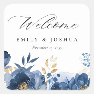 Dusky Blue Gold Floral Welcome Wedding Square Sticker