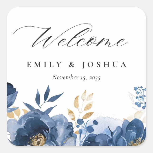 Dusky Blue Gold Floral Welcome Wedding Square Sticker (Front)