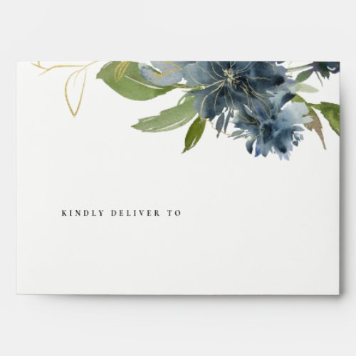 DUSKY BLUE GOLD GREEN FLORAL WATERCOLOR ADDRESS ENVELOPE