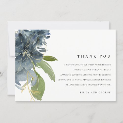 DUSKY BLUE GOLD GREEN FLORAL WATERCOLOR WEDDING THANK YOU CARD