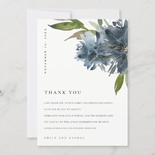 DUSKY BLUE GOLD GREEN FLORAL WATERCOLOR WEDDING THANK YOU CARD