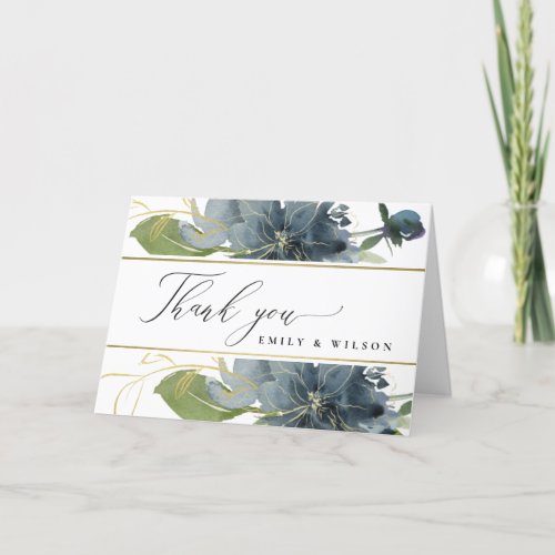 DUSKY BLUE GOLD GREEN FLORAL WATERCOLOR WEDDING THANK YOU CARD