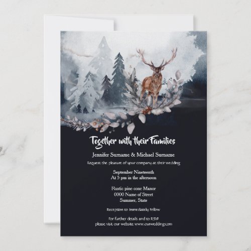 Dusky blue gray slate watercolor stag forest trees invitation