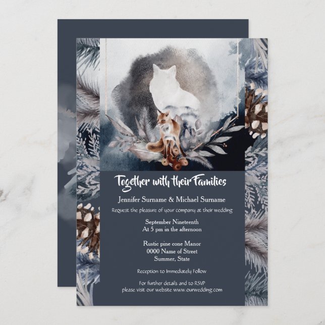 Dusky blue gray slate watercolor wolf trees invitation (Front/Back)