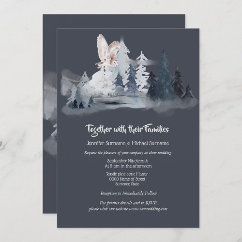 Dusky blue gray watercolor forest pine trees owl invitation