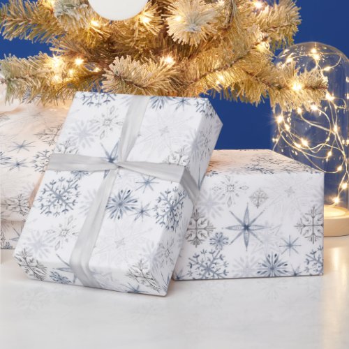 Dusky blue gray white snowflake winter pattern wrapping paper