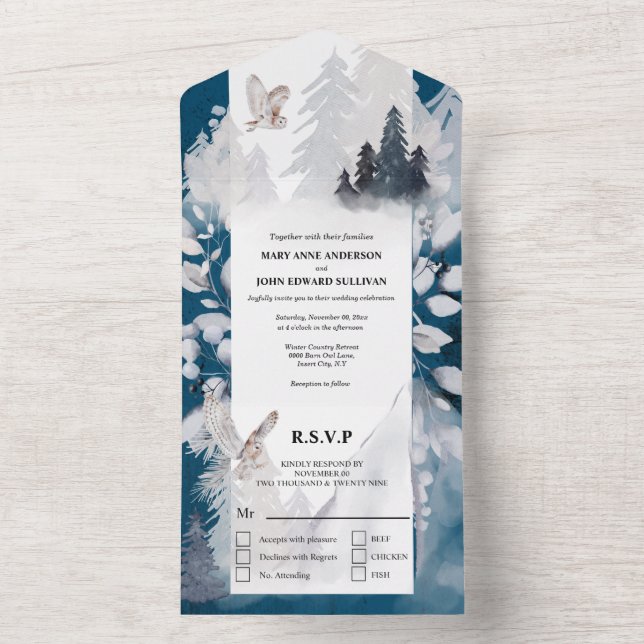 Dusky blue gray winter owl foliage snow mountain all in one invitation (Inside)