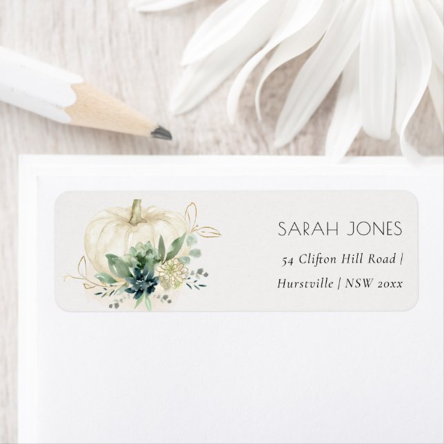 Dusky Blue Green Gold Succulent Pumpkin Address Label (Insitu)
