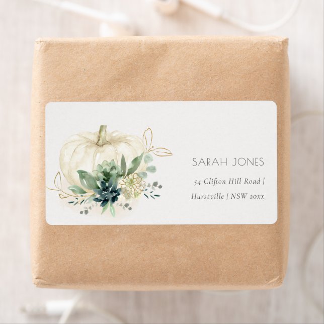 Dusky Blue Green Gold Succulent Pumpkin Address Label (Insitu)
