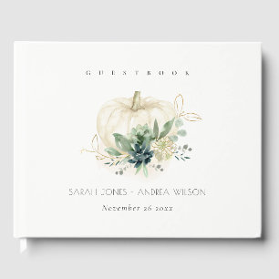 Dusky Blue Green Gold Succulent Pumpkin Wedding Guest Book