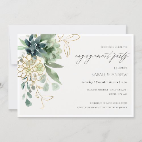 Dusky Blue Green Succulent Fauna Engagement Invite