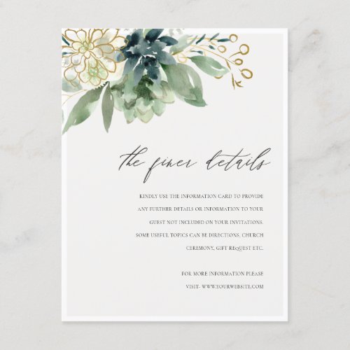 Dusky Blue Green Succulent Foliage Wedding Details Enclosure Card