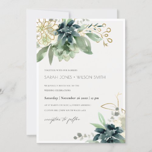 Dusky Blue Green Succulent Foliage Wedding Invite