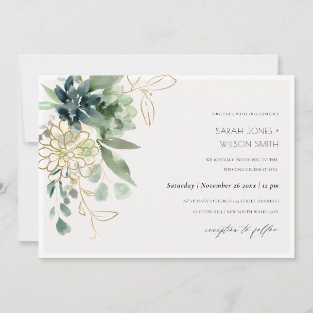 Dusky Blue Green Succulent Foliage Wedding Invite (Front)