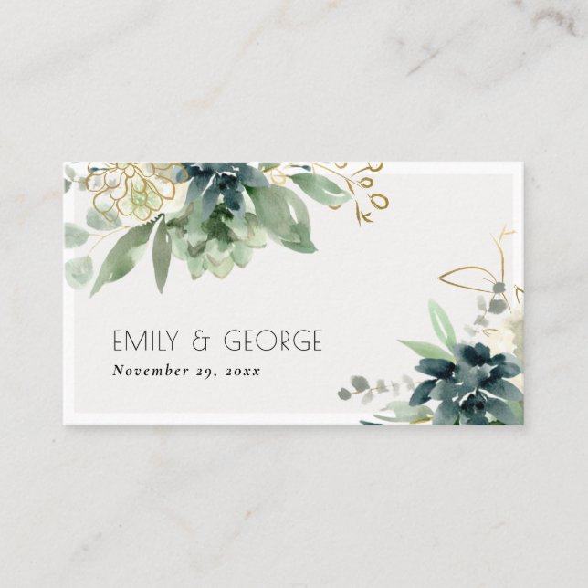 Dusky Blue Green Succulent Foliage Wedding Website Business Card (Front)
