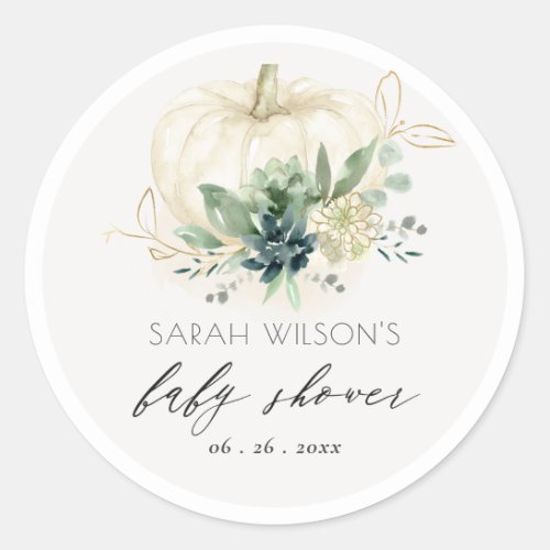 Dusky Blue  Green Succulent Pumpkin Baby Shower Classic Round Sticker