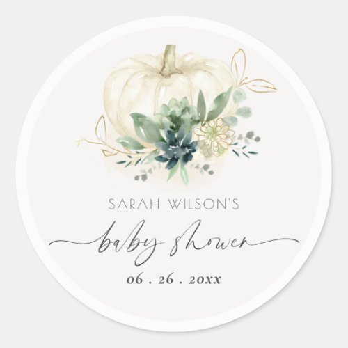 Dusky Blue  Green Succulent Pumpkin Baby Shower Classic Round Sticker