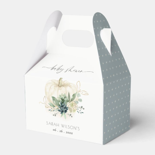 Dusky Blue  Green Succulent Pumpkin Baby Shower Favor Boxes (Front Side)