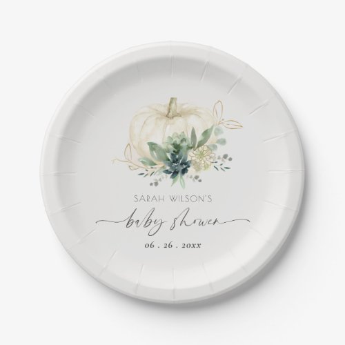 Dusky Blue  Green Succulent Pumpkin Baby Shower Paper Plates