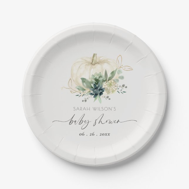 Dusky Blue  Green Succulent Pumpkin Baby Shower Paper Plates (Front)