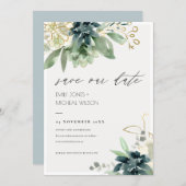Dusky Blue Green Succulent Save the Date Invite (Front/Back)