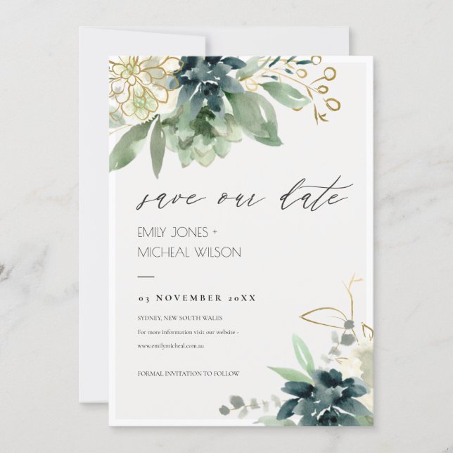 Dusky Blue Green Succulent Save the Date Invite (Front)