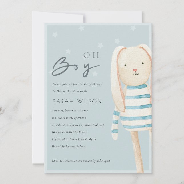 Dusky Blue Grey Bunny Oh Boy Baby Shower Invite (Front)