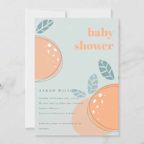 Dusky Blue Orange Fruity Bold Baby Shower Invitation